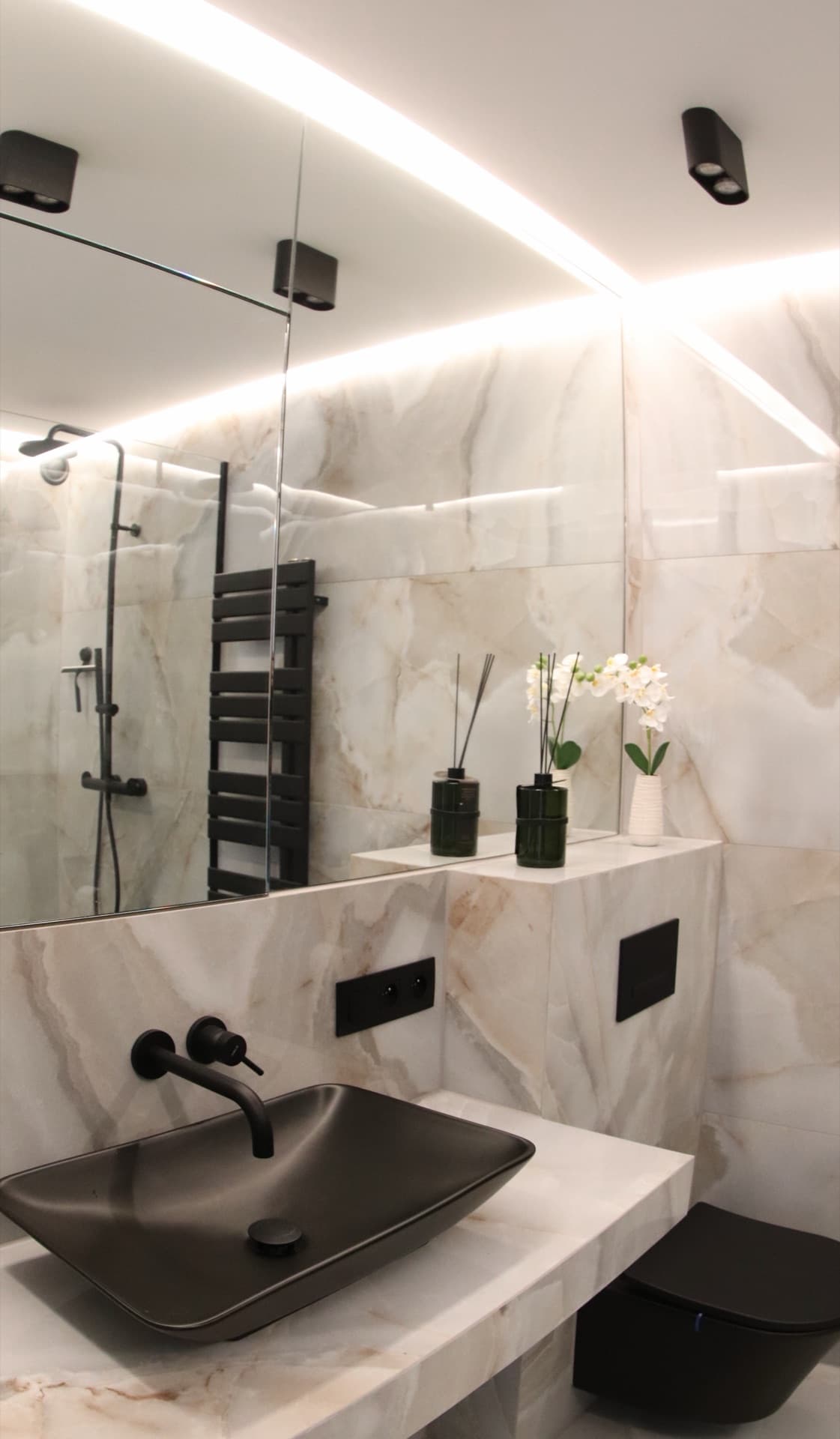 Main bathroom vanity with marble countertop
